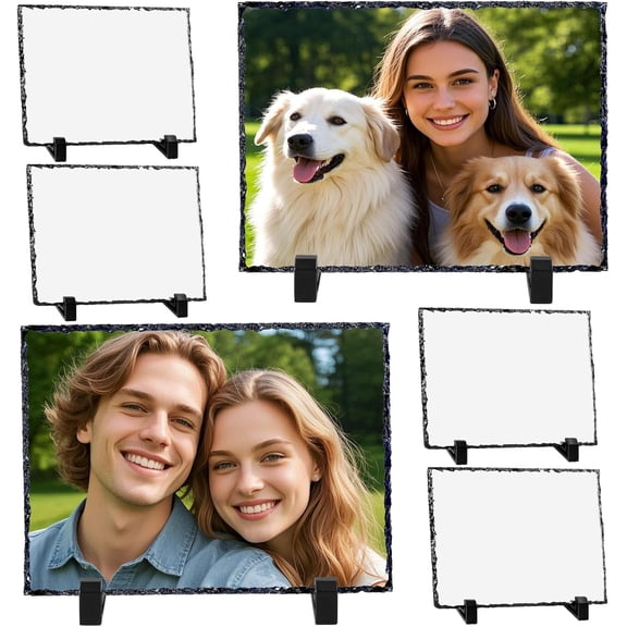 6Pcs Sublimation Slate Blanks, 7.5x5.5In Heat Transfer Rock Photo Plaque, Rock Stone Photo Frames with Display Stand, Rectangular Picture Stone Frame for DIY Personalized Wedding Birthday