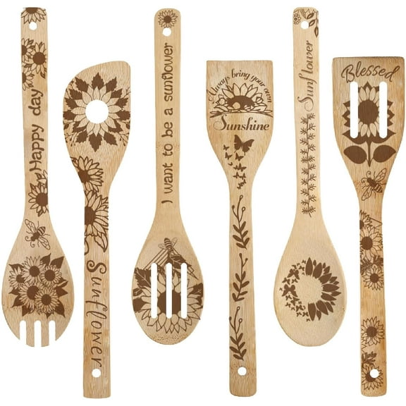 6Pcs Sunflower Wooden Spoons Utensil Set Sunshine Blessed Happy Day Kitchen Tableware Dinnerware Nature Bamboo Cooking Carve Burned Slotted Spatulas for Birthday Housewarming Wedding Gifts