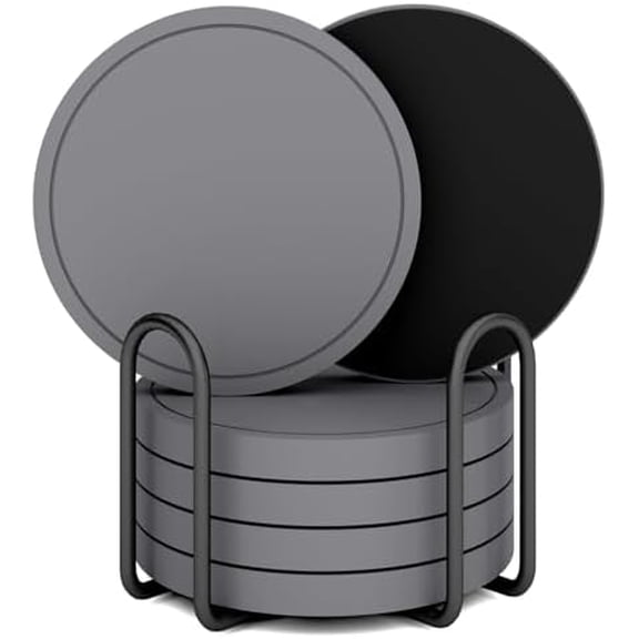 6Pcs Super Absorbent Diatomaceous Earth Coasters Set with Holder - Quick-Dry 4 Inch Grey Coasters for Drinks, Heavy Duty Stone Coaster with Velvet Base, Scratch-Proof Home Decor for Coffee Bar