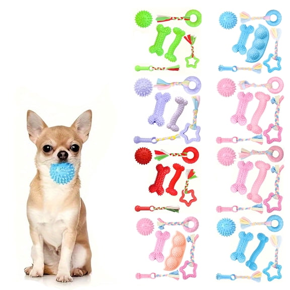 6Pcs TPR Dog Chew Toy Set for Puppies Small Dogs, Durable Teething Bone and Spiky Ball with Braided Fabric Rope Rings, Interactive Tug of War Play Toy Set for Gentle Chewers, Pet Boredom Relief Gift