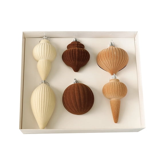 6Pcs Textured Christmas Ornaments - Neutral Matte Spindle Decor with Hanging Loop for Xmas Tree, Rustic Farmhouse & Vintage Holiday Home Decor
