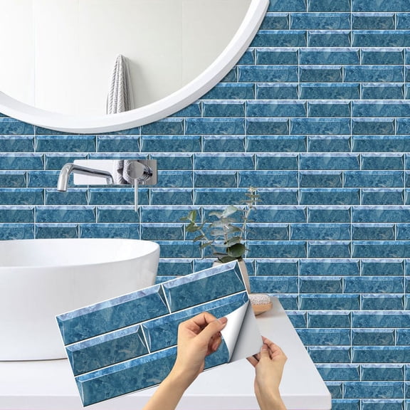 6Pcs Tiles Stickers Wall Decals Blue Mosaic Brick Pattern 11.81" x 5.91" Waterproof Peel and Stick Kitchen Backsplash DIY Decor Sticker
