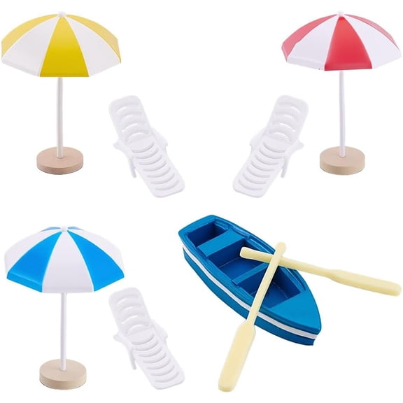 6Pcs Tiny Beach Umbrella Decor 6Pcs Mini Beach Chair Model 1 Set Mini Boat Miniature Beach Lounger DIY Accessaries for Yard Garden Swimming Pool Furniture Craft Prop Home Decor Mixed Color