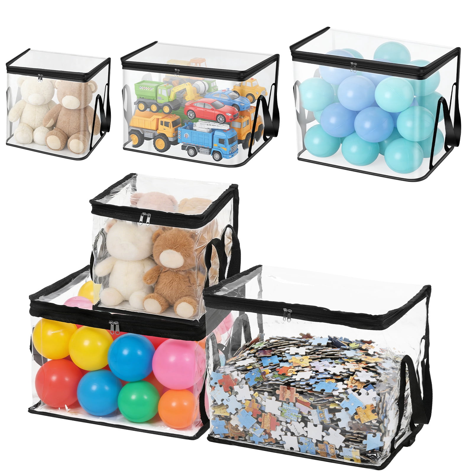 6Pcs Toy Storage Bag with Handle and Zipper Clear PVC Toy Organizer Bag Multipurpose for Doll Board Game Building Block
