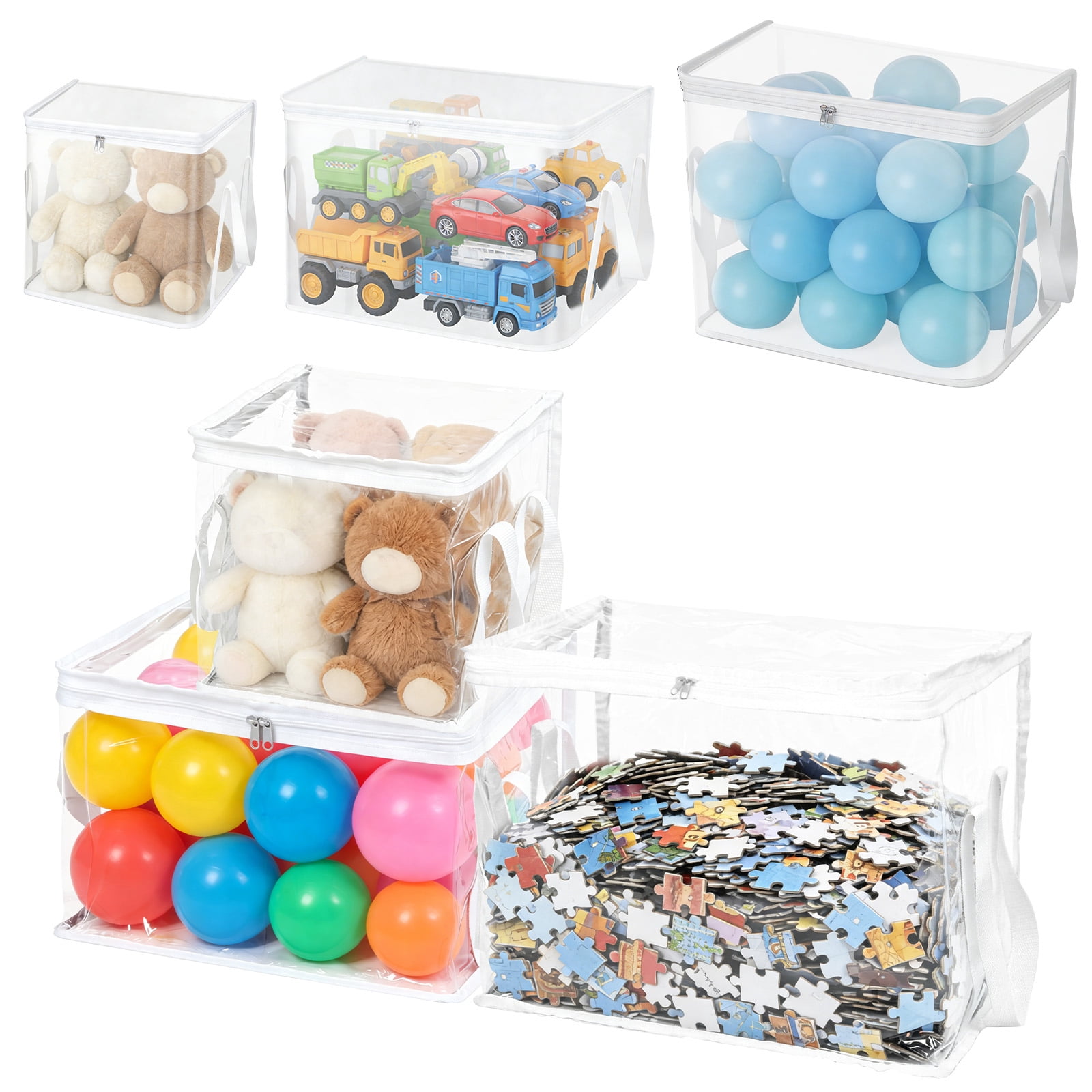 6Pcs Toy Storage Bag with Handle and Zipper Clear PVC Toy Organizer Bag Multipurpose for Doll Board Game Building Block
