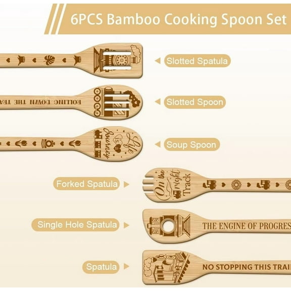 6Pcs Train Bamboo Cooking Utensils Track Wooden Engraved Cooking Spoons Set Flower Pattren Carving Kitchen Bamboo Spatula Set Wood Cooking Spoon for Kitchen House Warming Gift