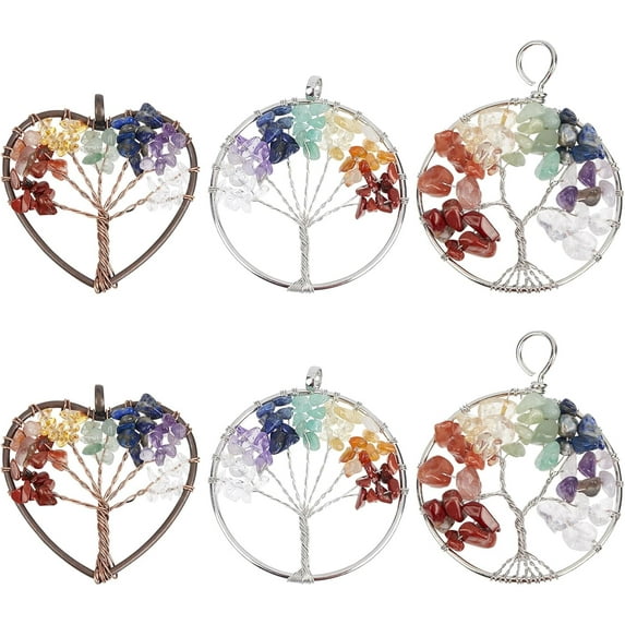 6Pcs Tree of Life Charms 7 Chakra Stones Large Charm Handmade Natural Amethyst Quartz Wire Wrapped Crystal Germstone Chip Beads Charms Chakra Energy Charms