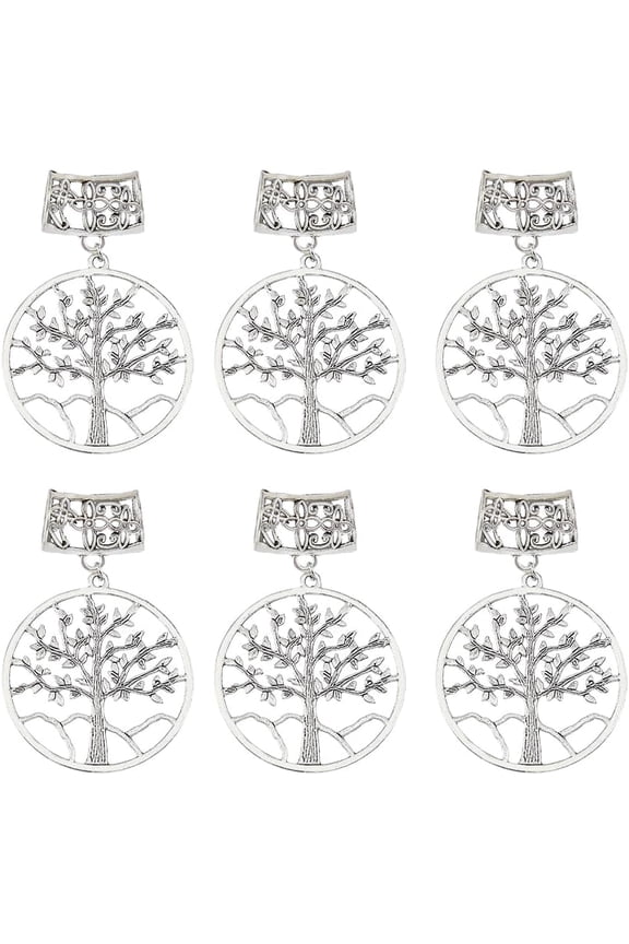 6Pcs Tree of Life Scarf Pendant Flat Round Scarf Buckle Ring Pendants Slide-in Scarf Loop Tibetan Style Alloy European Dangle Charms Clasp Hollow Flower Scarf Bails Slip Tube Mixed Color