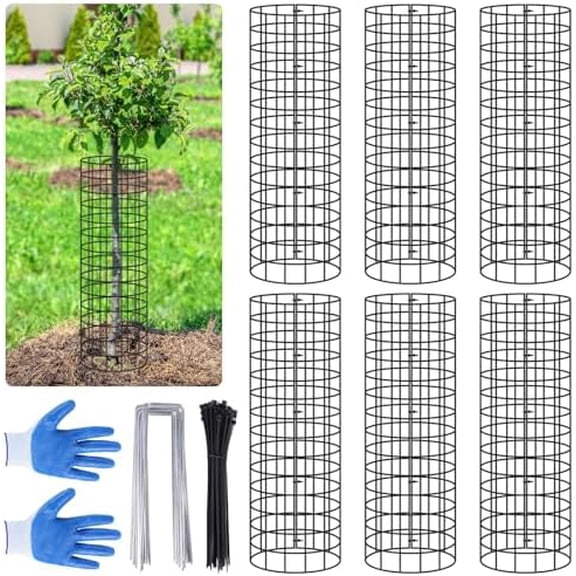 6Pcs Tree Trunk Protector, 16.5'' H Metal Mesh Tree Bark Protector with Zip Ties Metal Stakes and Gloves,Expandable Plant Trunk Guard Protectors for Deer Rabbit Rodents Mowers