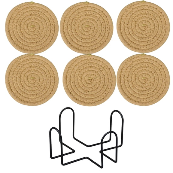 6Pcs Trivet Mats with 1Pc Holder, WovenRound Thermal Placemat Non Slip Durable Yarn Table Coaster With Storage Holder, For Restaurant Use, Dining Table Layout, Bowl Cup Placement