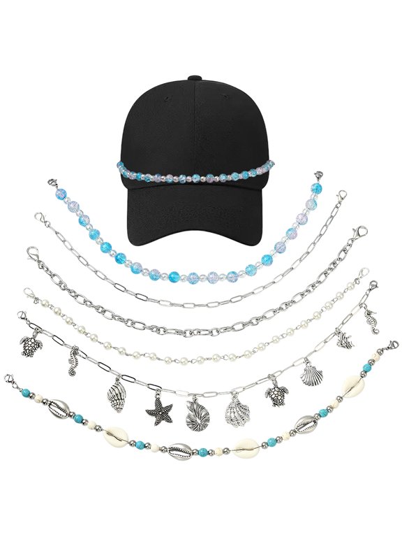 6Pcs Trucker Hat Chains Hat Chain Charms Summer Ocean Theme Turquoise Magnesite Beads Alloy Baseball Caps Accessories for Women Men DIY Mesh Baseball