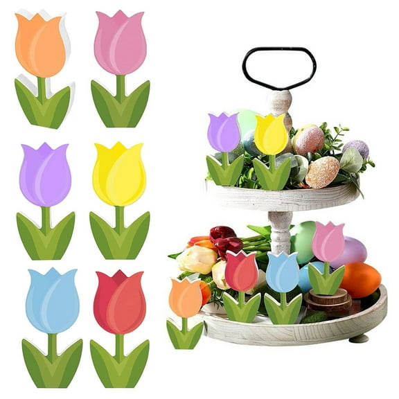 6Pcs Tulips Centerpieces,Easter Wooden Tiered Tray Decor Farmhouse Wood Table Decorations Spring Tiered Tray Decor Easter Wooden Tulipssign For Shelf Tabletop Easter Home