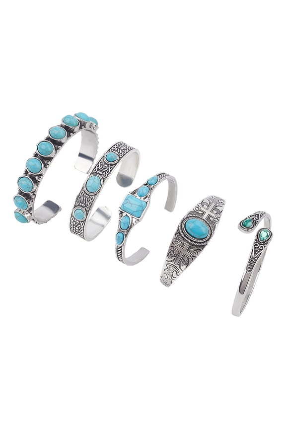 6Pcs Turquoise Cuff Bracelets 6 Style Adjustable Cuff Bangle Bracelets Boho Vintage Jewelry Set for Women Christmas Birthday Gift