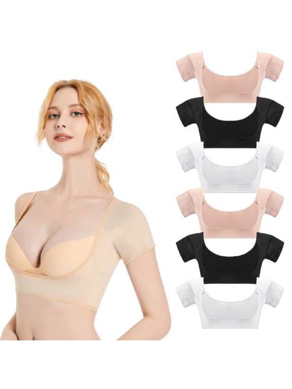 6Pcs Underarm Sweat Vest, TRIANU Breathable Underarm Sweat Guard, Washable Armpit Sweat Shields Short Sleeve Sweatproof Undershirt Protector for Women Girls Ladies(White, Black, Beige, Large)
