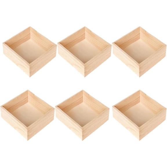 6Pcs Unfinished Wooden Box 6 x 6 Inch Square Rustic Small Wooden Box Craft Organizer Container for Home Art Collectibles Desktop Succulent Plant Pot Drawer DIY Craft