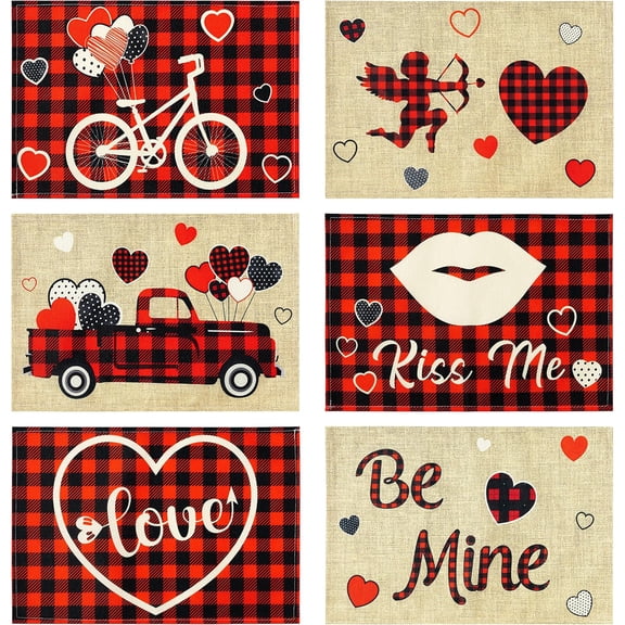 6Pcs Valentine''s Day Buffalo Plaid Placemats, Love Heart Truck Be Mine Kiss Me Table Mats Washable Place Mats for Valentine''s Day Anniversary Wedding Holiday Kitchen Dining Table Decor