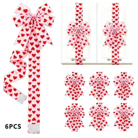 6Pcs Valentine's Day Cabinet Ribbons Bows Red Hearts Home Kitchen Decor Ribbon Bows Party Supplies