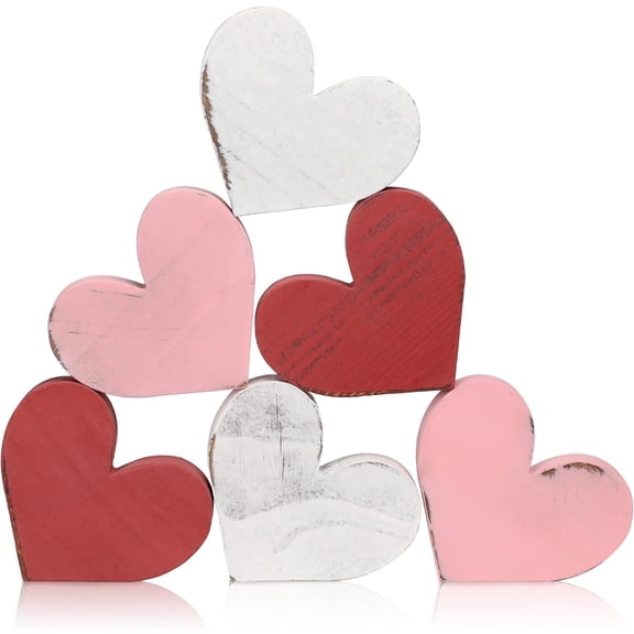 6Pcs Valentine's Day Wooden Hearts Tiered Tray Decor, Valentines Decorations Farmhouse Distressed Wooden Heart Shaped Love Signs for Table Decor Tabletop
