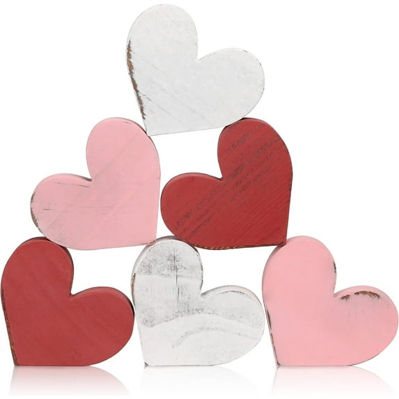 6Pcs Valentine's Day Wooden Hearts Tiered Tray Decor, Valentines Decorations Farmhouse Distressed Wooden Heart Shaped Love Signs for Table Decor Tabletop