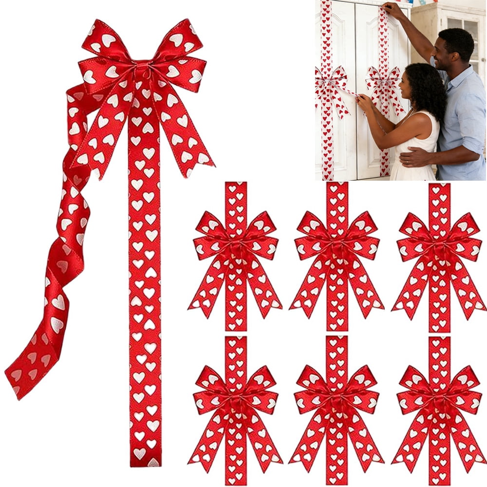 6Pcs Valentines Day Cabinet Ribbon Bows Set Heart Print Fabric Bows for Window & Kitchen Decorations, Party Supplies(Red Love)