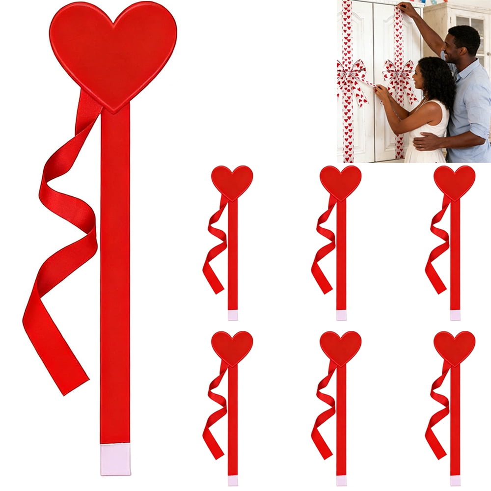 6Pcs Valentines Day Cabinet Ribbon Bows Set Heart Print Fabric Bows for Window & Kitchen Decorations, Party Supplies(Red)
