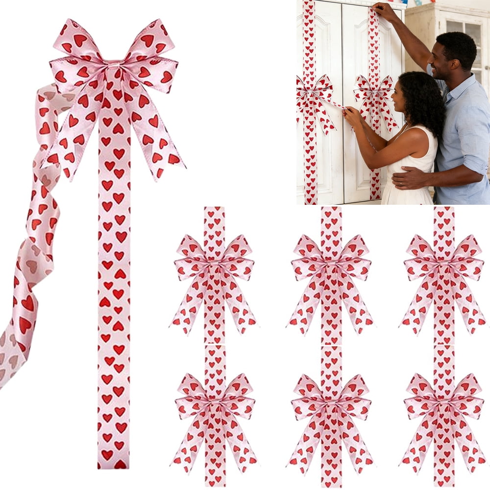 6Pcs Valentines Day Cabinet Ribbon Bows Set Heart Print Fabric Bows for Window & Kitchen Decorations, Party Supplies(White Love)