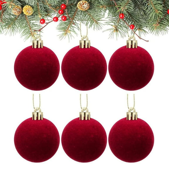 6Pcs Velvet Christmas Ornaments Balls Flocked Christmas Tree Ball Hanging Ornaments Shatterproof Xmas Bulbs Decorations Set Velvet Ornament Balls for Holiday Wedding (Red)