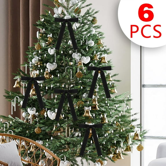 6Pcs Velvet Ribbon Bows for Christmas Tree, Vintage Small Bows Ornaments for Garland Wreath Gift Wrapping Candy Bags Party DIY Decorations(Black)