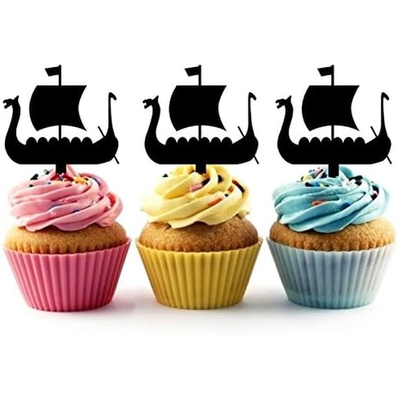 6Pcs Viking Longship Silhouette Acrylic Cupcake Toppers for Norse or Medieval Themed Party Decorations