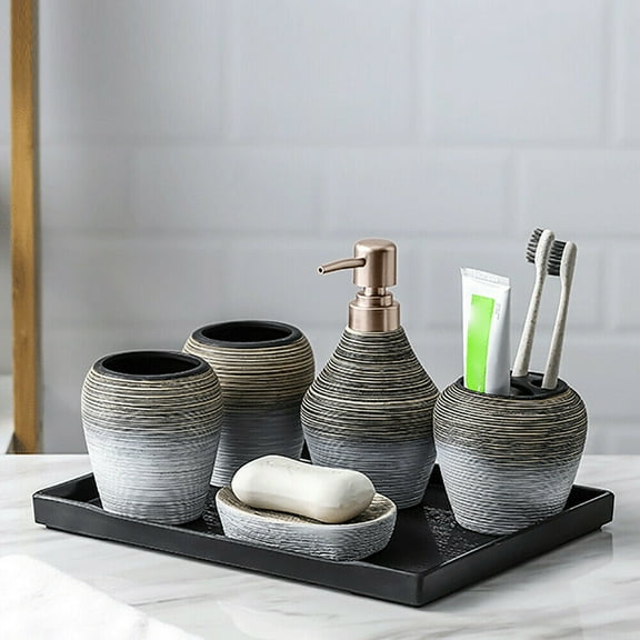 6-Piece Ceramic Bathroom Set with Tray, Includes Lotion Dispenser, Soap Dish & Toothbrush Holder