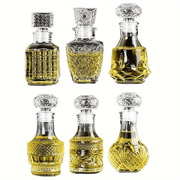 6Pcs Vintage Decanter, Mini Glass Bottles Includes 6 Unique Designs, Small Glass Wine Bottles, Clear Glass Whiskey Bottle Style with Lids for Kitchen Storage, DIY Crafts, Rustic Decor Gifts