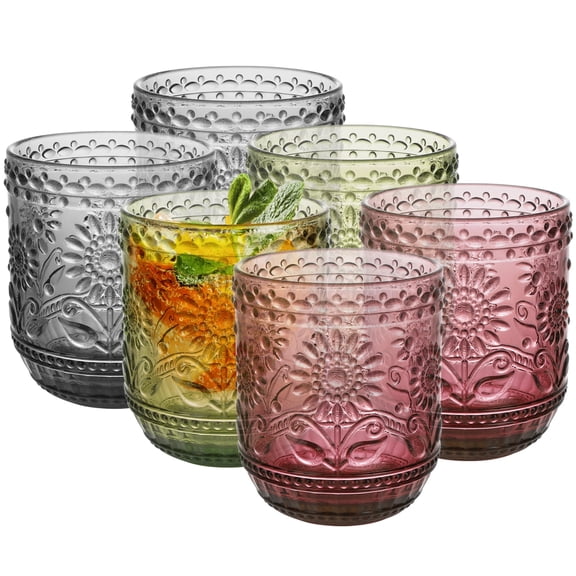 6Pcs Vintage Drinking Glasses ,12 oz Embossed Floral Drinkware Set,Drinking Glasses Cups Wine Glasses Glassware for Whisky,Beer,Juice,Cocktail,Heavy Duty