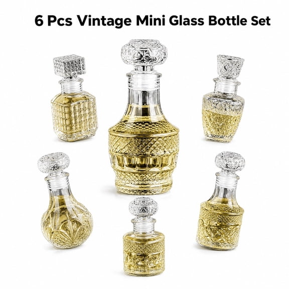 6Pcs Vintage Mini Glass Bottle Set, Crystal Glass Decanters with Stoppers, for Whiskey Liquor Wine, Homemade Juice, Olive Oil, Home Bar Kitchen Decor DIY Crafts