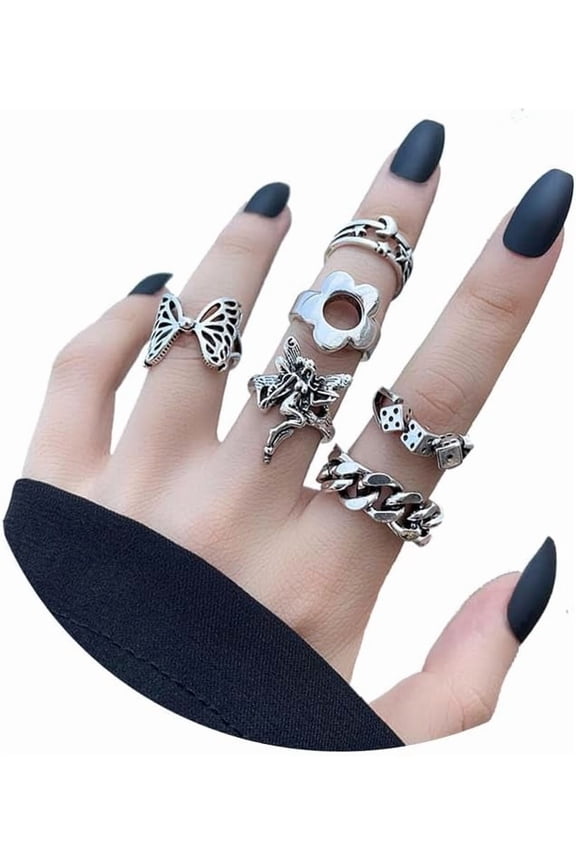 6Pcs Vintage Silver Punk Stackable Knuckle Rings Sets for Women,Gothic Rings Poker Skull Flowers Butterfly Rings for Men Statement Y2k Ring Sets