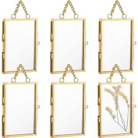 6Pcs Wall Hanging Mini Photo Frames 3.7x2.4 inch Double Glass Picture Frame Brass Folding Frame DIY Vintage Artwork Display Frames