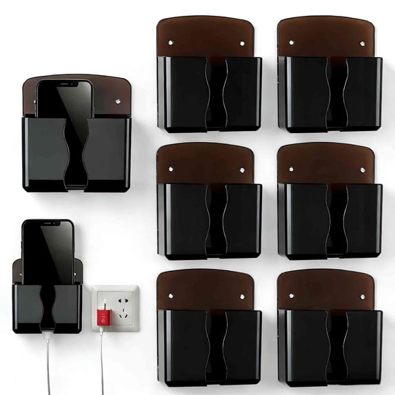 6Pcs Wall Mounted Phone Holder, Self Adhesive Cell Phone Stand with Charging Hole, Acrylic Remote Control Stand for RV Bed Desk Shower (Black)