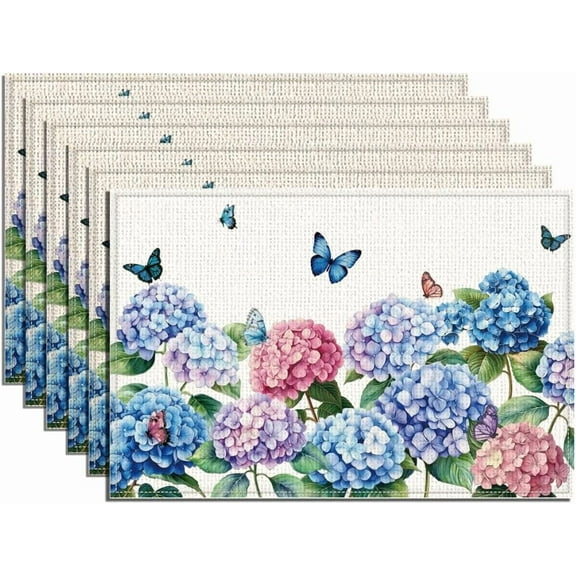 6Pcs Watercolor Hydrangea Placemats 17.7x11.8 Inch Hydrangea Butterflies Printed Table Mats Blooming Floral Washable Place Mats for Kitchen Party Holiday Wedding Home Dining Table Decor