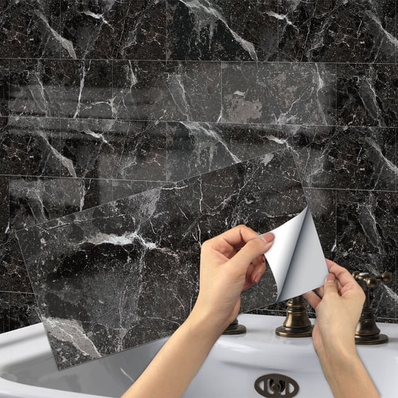 6Pcs Waterproof Black Gray Marbing Tiles Wall Stickers Decals 11.8 x 5.9" Removable Vinyl Peel and Stick  Backsplash for Kitchen Bathroom
