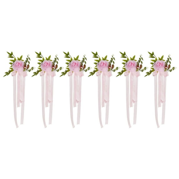 6Pcs Wedding Aisle Chair Decorations - Artificial Pink/White/Yellow Rose Flowers with Eucalyptus & Ribbons for Lawn, , Outdoor Wedding Ceremony Decor