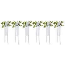6Pcs Wedding Aisle Rose Flowers With Ribbons & Leaves Chair Decorations For Wedding & Church White Artificial Flowers Home Decor