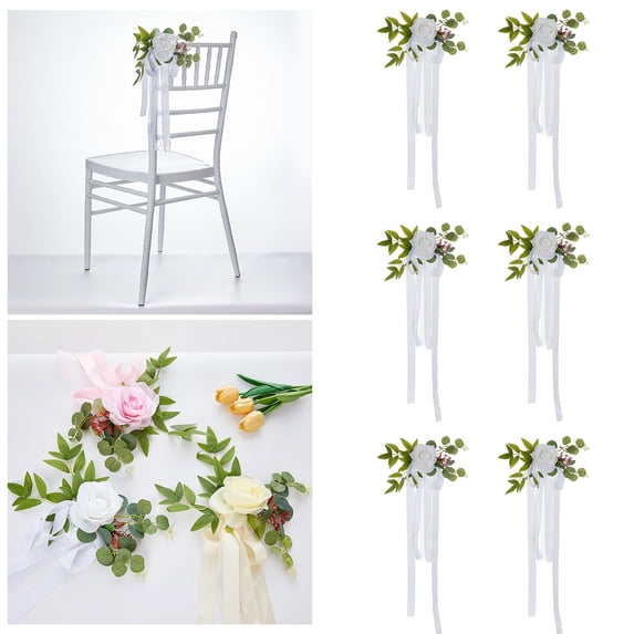 6Pcs Wedding Aisle Rose Flowers with Ribbons & Leaves Chair Decorations for Wedding & White Artificial Flowers Home Decor Happy 2026!
