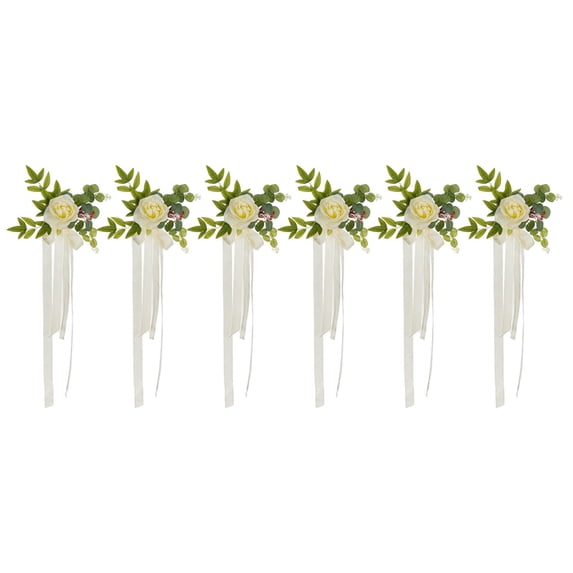 6Pcs Wedding Chair Decorations Pew Flowers For Wedding Aisle Decoration Pew Flowers With Artificial Flowers Eucalyptus And Ribbons For Chair Party Ceremony, Light Yellow Home Decor