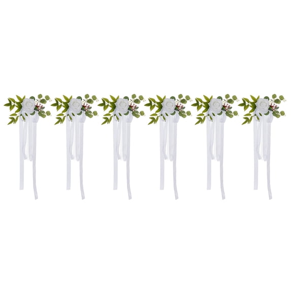 6Pcs Wedding Chair Decorations Pew Flowers For Wedding Aisle Decoration Pew Flowers With Artificial Flowers Eucalyptus And Ribbons For Church Chair Party Ceremony, White Home Decor