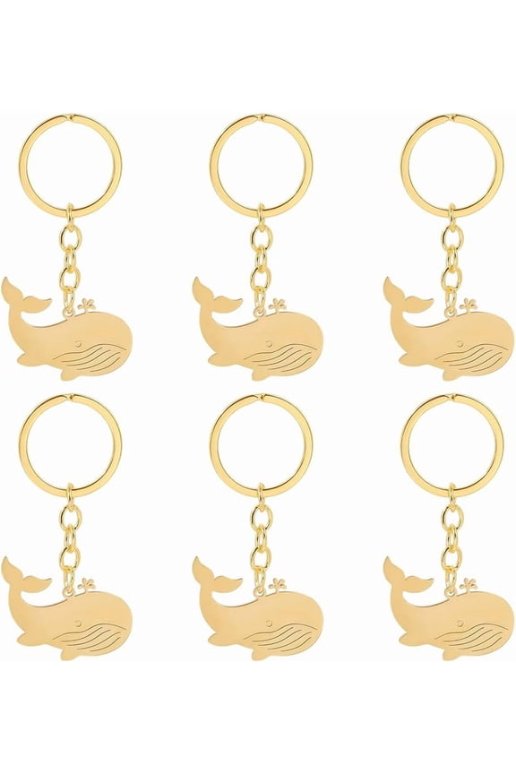 6Pcs Whale Keychain 18K Gold Plated Stainless Steel Metal Sea Animal Ocean Key Ring Flat for Bag Charm Handbag Accessories Gifts DIY