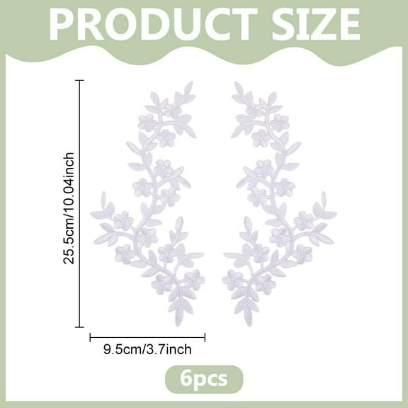 6Pcs White Flower Leaves Iron on Patches Leaf Vine Embroidery Long Patch Sew on Floral Patches Decorative Applique Decal for Wedding Dress Jeans DIY Costume Art Craft Projects