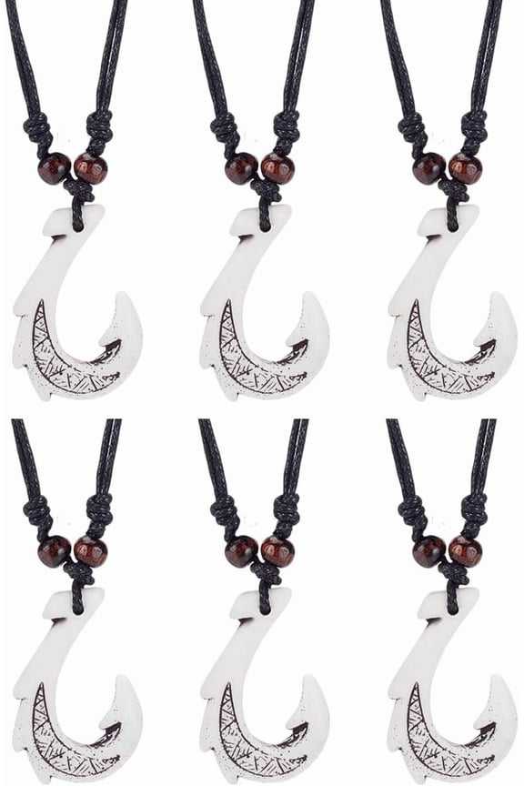 6Pcs White Hawaiian Maori Fish Hook Pendants 24 inch Resin Hook Pendant Cord Adjustable Necklaces Moana Fishhook Necklaces for Women Men Stylish Accessory White