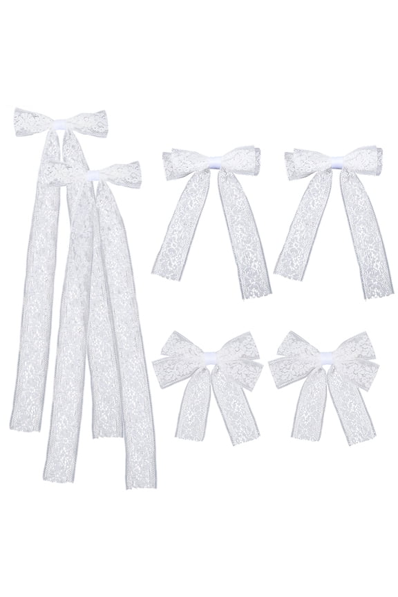 6Pcs White Lace Tulle Hair Bows with Long Tail Ribbons Metal Bowknot and Tassel Barrettes Lace Hair Clips
