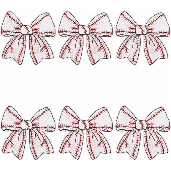 6Pcs White Patches Iron On with Baseball Pattern Embroidered Sew On Applique Bowknot Sports Style Repair Fabric Patch
