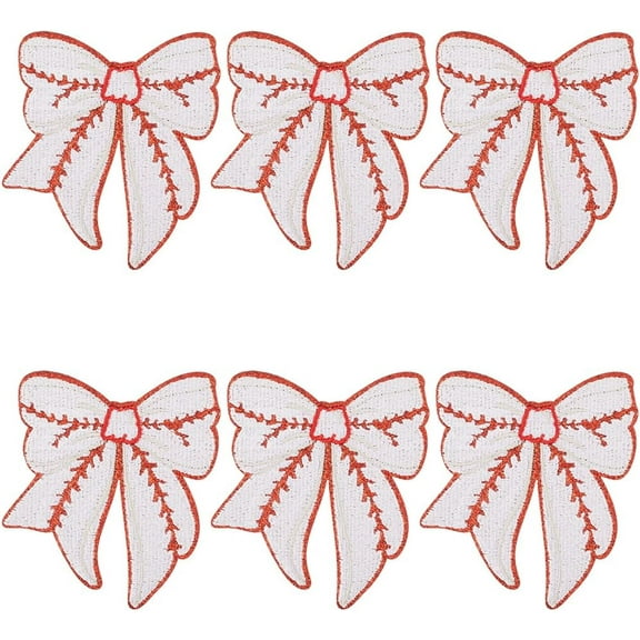 6Pcs White Patches Iron On with Red Baseball Pattern Embroidered Fabric Applique Sew On Bowknot Decorative Repair Patch for Sewing Making Clothing Hats Jeans Backpacks DIY Craft Supply