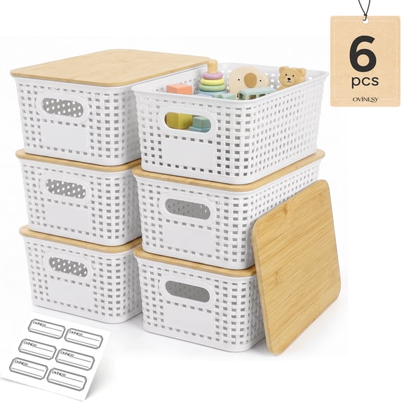 OVINESY 6 Pcs Plastic Storage Baskets with Lids, Stackable Organizer Bins for Shelves, Closet, Books & Toys, Space-Saving Baskets for Organizing, Bamboo Lid Storage Bins for Office, Playroom, White
